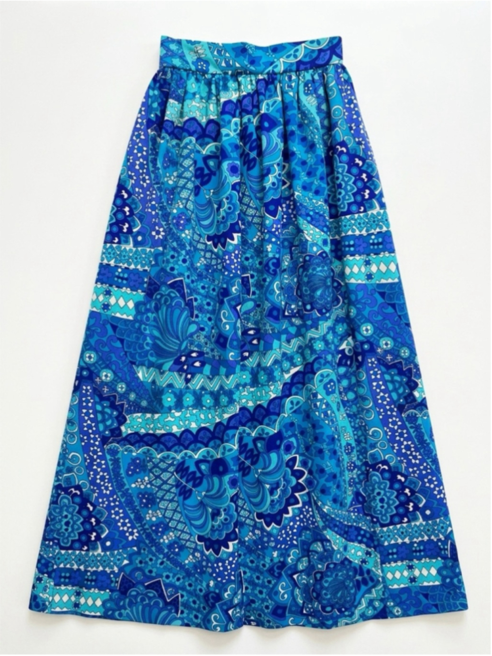 70s Vintage Blue Paisley Maxi Skirt - Turquoise & Navy Print - Picture 2 of 2